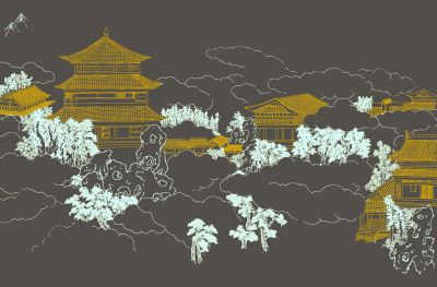 高清新中式亭台楼阁线条肌理<b>背</b><b>景</b><b>墙</b>壁画