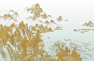 高清新中式亭台楼阁线条肌理<b>背</b><b>景</b><b>墙</b>壁画