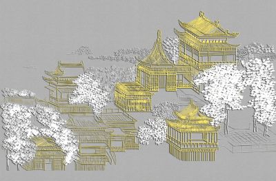 高清新中式亭台楼阁线条肌理<b>背</b><b>景</b><b>墙</b>壁画