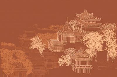高清新中式亭台楼阁线条肌理<b>背</b><b>景</b><b>墙</b>壁画