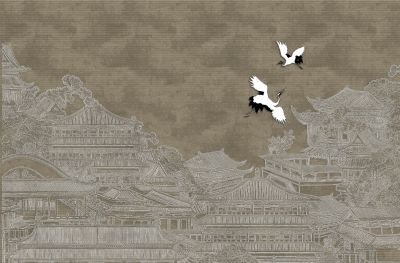 高清新中式亭台楼阁线条肌理<b>背</b><b>景</b><b>墙</b>壁画