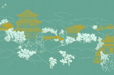 高清新中式亭台楼阁线条肌理<b>背</b><b>景</b><b>墙</b>壁画