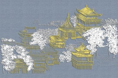 高清新中式亭台楼阁线条肌理<b>背</b><b>景</b><b>墙</b>壁画