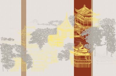 高清新中式亭台楼阁线条肌理<b>背</b><b>景</b><b>墙</b>壁画
