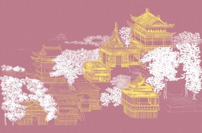 高清新中式亭台楼阁线条肌理<b>背</b><b>景</b><b>墙</b>壁画