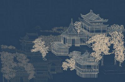 高清新中式亭台楼阁线条肌理<b>背</b><b>景</b><b>墙</b>壁画