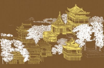 高清新中式亭台楼阁线条肌理<b>背</b><b>景</b><b>墙</b>壁画