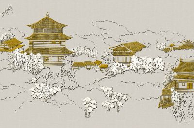 高清新中式亭台楼阁线条肌理<b>背</b><b>景</b><b>墙</b>壁画