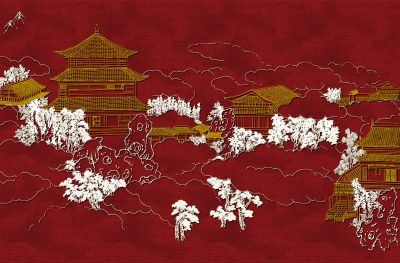 高清新中式亭台楼阁线条肌理<b>背</b><b>景</b><b>墙</b>壁画