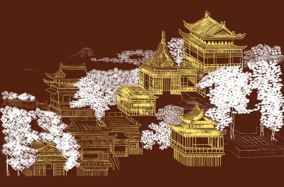高清新中式亭台楼阁线条肌理<b>背</b><b>景</b><b>墙</b>壁画
