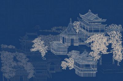 高清新中式亭台楼阁线条肌理<b>背</b><b>景</b><b>墙</b>壁画