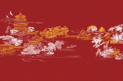 高清新中式亭台楼阁线条肌理<b>背</b><b>景</b><b>墙</b>壁画