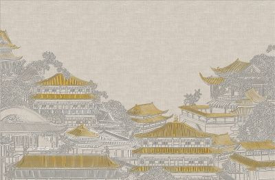 高清新中式亭台楼阁线条肌理<b>背</b><b>景</b><b>墙</b>壁画