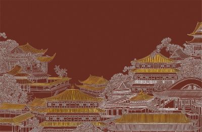 高清新中式亭台楼阁线条肌理<b>背</b><b>景</b><b>墙</b>壁画