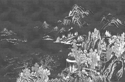 高清新中式亭台楼阁线条肌理<b>背</b><b>景</b><b>墙</b>壁画