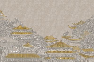 高清新中式亭台楼阁线条肌理<b>背</b><b>景</b><b>墙</b>壁画