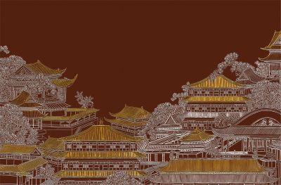 高清新中式亭台楼阁线条肌理<b>背</b><b>景</b><b>墙</b>壁画