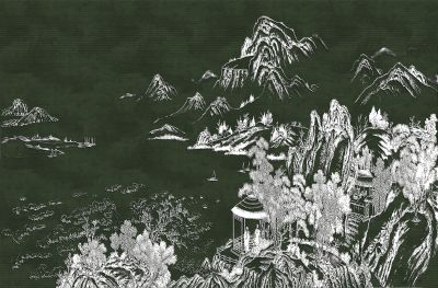 高清新中式亭台楼阁线条肌理<b>背</b><b>景</b><b>墙</b>壁画