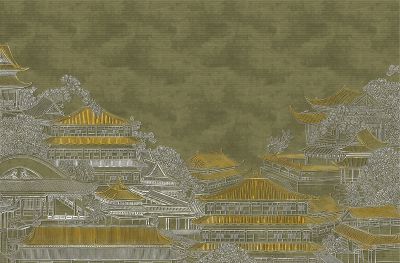 高清新中式亭台楼阁线条肌理<b>背</b><b>景</b><b>墙</b>壁画