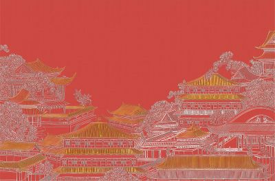 高清新中式亭台楼阁线条肌理<b>背</b><b>景</b><b>墙</b>壁画