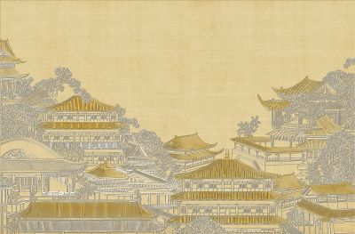高清新中式亭台楼阁线条肌理<b>背</b><b>景</b><b>墙</b>壁画