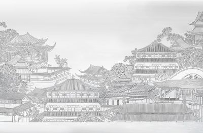 高清新中式亭台楼阁线条肌理<b>背</b><b>景</b><b>墙</b>壁画