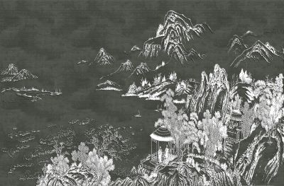 高清新中式亭台楼阁线条肌理<b>背</b><b>景</b><b>墙</b>壁画