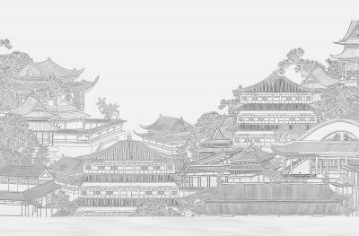 高清新中式亭台楼阁线条肌理<b>背</b><b>景</b><b>墙</b>壁画