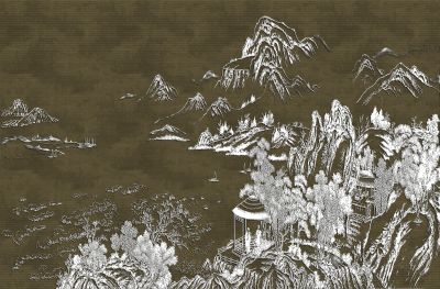 高清新中式亭台楼阁线条肌理<b>背</b><b>景</b><b>墙</b>壁画
