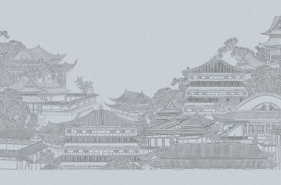 高清新中式亭台楼阁线条肌理<b>背</b><b>景</b><b>墙</b>壁画