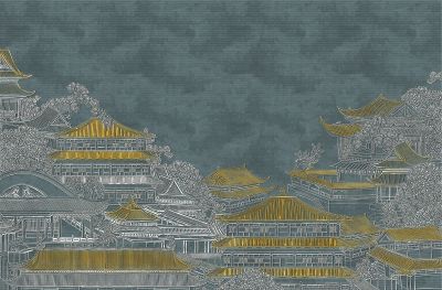 高清新中式亭台楼阁线条肌理<b>背</b><b>景</b><b>墙</b>壁画