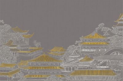 高清新中式亭台楼阁线条肌理<b>背</b><b>景</b><b>墙</b>壁画