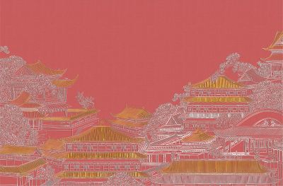 高清新中式亭台楼阁线条肌理<b>背</b><b>景</b><b>墙</b>壁画