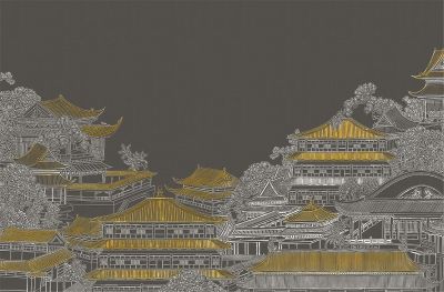 高清新中式亭台楼阁线条肌理<b>背</b><b>景</b><b>墙</b>壁画