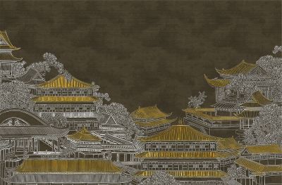 高清新中式亭台楼阁线条肌理<b>背</b><b>景</b><b>墙</b>壁画