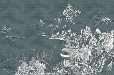高清新中式亭台楼阁线条肌理<b>背</b><b>景</b><b>墙</b>壁画
