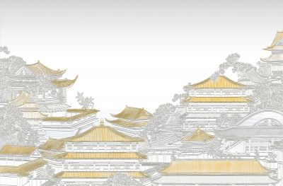 高清新中式亭台楼阁线条肌理<b>背</b><b>景</b><b>墙</b>壁画
