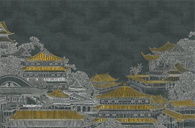 高清新中式亭台楼阁线条肌理<b>背</b><b>景</b><b>墙</b>壁画