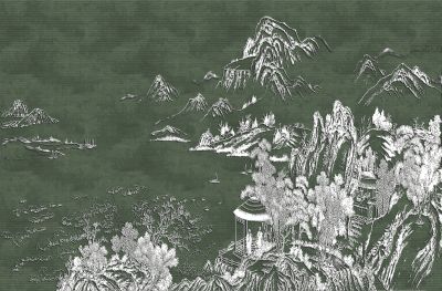 高清新中式亭台楼阁线条肌理<b>背</b><b>景</b><b>墙</b>壁画