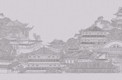 高清新中式亭台楼阁线条肌理<b>背</b><b>景</b><b>墙</b>壁画