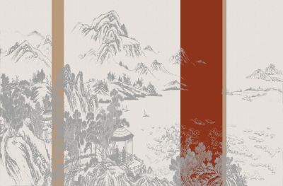 高清新中式亭台楼阁线条肌理<b>背</b><b>景</b><b>墙</b>壁画
