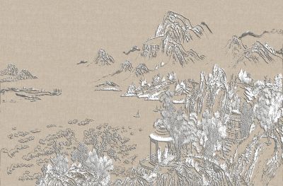 高清新中式亭台楼阁线条肌理<b>背</b><b>景</b><b>墙</b>壁画