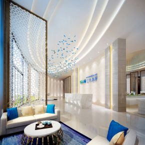 蓝色地中海现代混搭售楼处大厅前台洽谈区