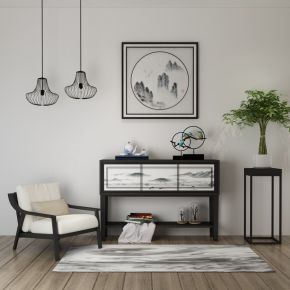 新中式单椅边柜陈设品组合