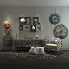 新中式单椅边柜陈设品组合