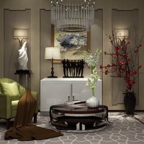 新中式单人椅茶几边柜组合