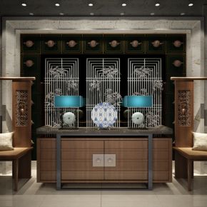 中式风格单人椅边柜组合