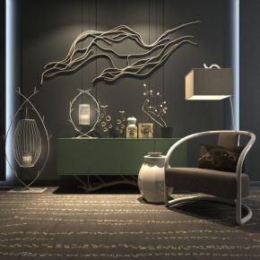 新中式风格单椅边柜陈设品组合