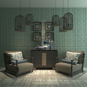 新中式沙发边柜陈设品组合