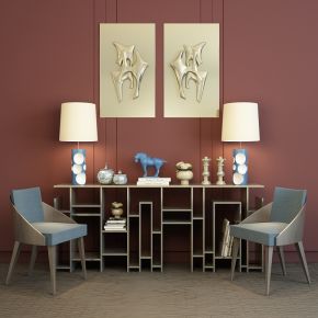 新中式单椅边柜陈设品组合